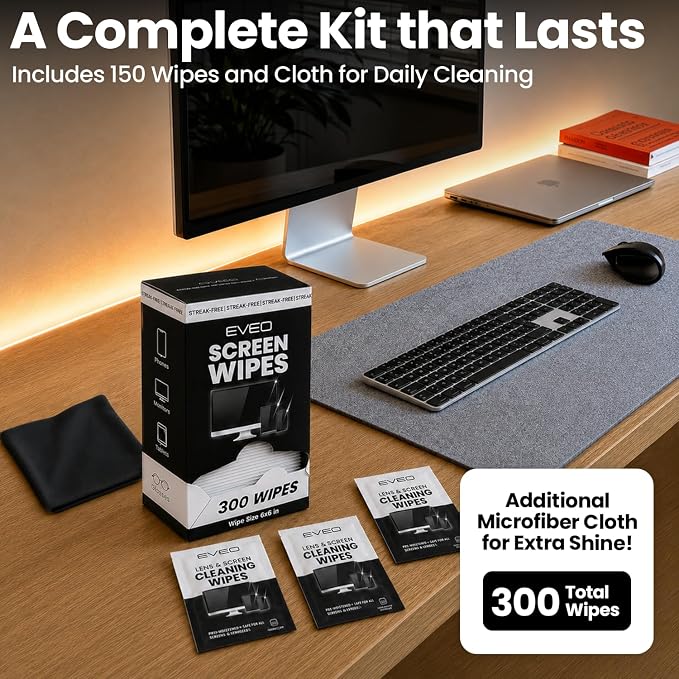 EVEO Screen Wipes - Electronic Wipes, Computer Screen Cleaner Wipes for Electronics | Computer Screen Wipes Phone Wipes & Lens Wipes for PC, Laptop, Phone, Car & More - Microfiber Included (300 Pack)