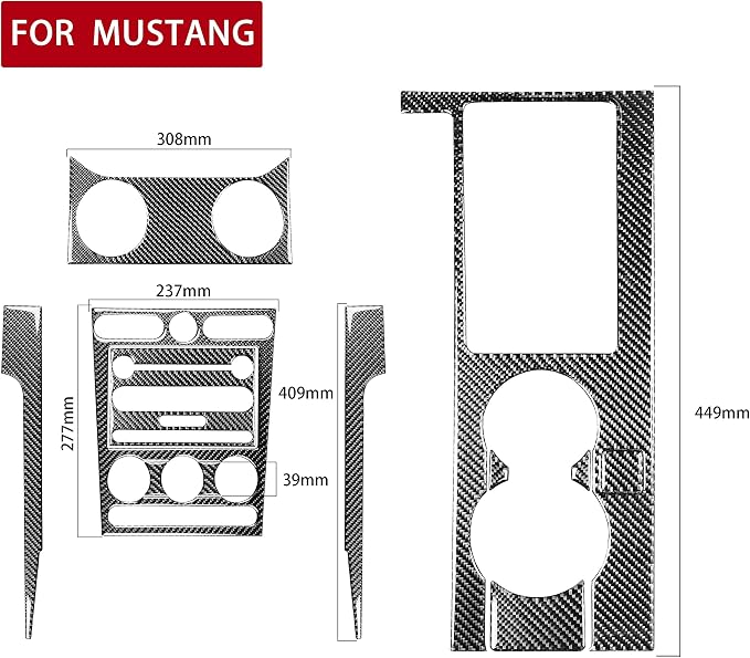 Real Carbon Fiber Trim for Ford Mustang GT Shelby Accessories | for 2005 2006 2007 2008 2009，Central Console Instrument Panel Gear Shift Cover，Thick Overlay Sticker Decal，12PCs