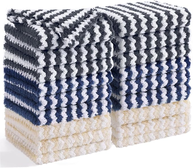 Homaxy 18 Pack Kitchen Dish Cloths, Ultra Soft and Absorbent Dish Towels, Reusable Fast Drying Microfiber Cleaning Cloth, Coral Velvet Wave Design No-lint, 10 x 10 inches, Dark Grey/Navy Blue/Beige
