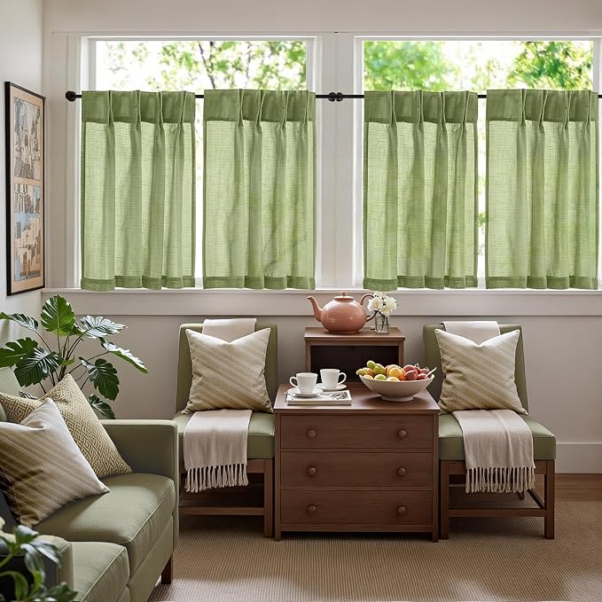 jinchan Linen Pinch Pleated Back Tab Tier Curtains, 26x36, 2 Panels, Green | Light filtering,small window treatment,cafe curtains,machine washable,farmhouse,kitchen,bathrooms,laundry