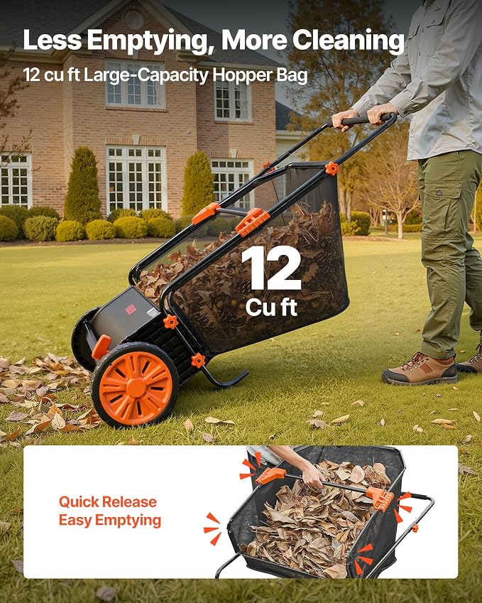 VEVOR Push Lawn Sweeper 30 in Leaf & Grass Collector 12 cu. ft. Hopper Bag | Heavy Duty Yard Sweeper with Adjustable Brush Height, Spinning Brushes, Rubber Wheels for Leaves Grass Cleanup, Black/Orange