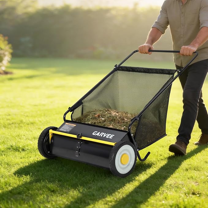 Garvee 26 Inch Push Lawn Sweeper, Leaf and Grass Collector with 7 Cu.ft Mesh Bag, 4 Spinning PP Brushes, Durable Steel Construction, Adjustable Height & Rubber Tires for Yard Cleanup