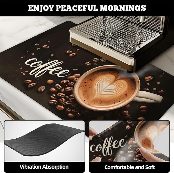 Dish Drying Mat Large Coffee Mat Absorbent Drying Mat for Kitchen Counter Coffee Bar Accessories 32"x 17", Coffee and Beans 1