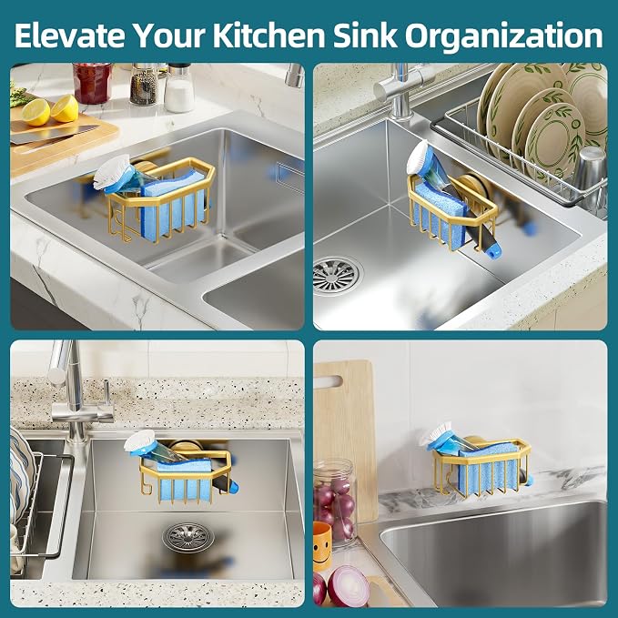 TAILI Sponge Holder for Kitchen Sink with Strong Suction Cup Removable, Rustproof Aluminum Sink Caddy for Sponge, Brush, Scrubber, Scraper -Gold