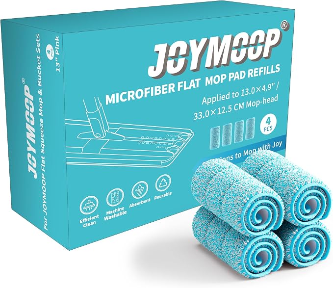 JOYMOOP Microfiber Replacement Pads for Flat Mop System, 13" Mop Head Refills Compatible with JOYMOOP Bucket Set, 4-Pack, Grey and Cyan Blue