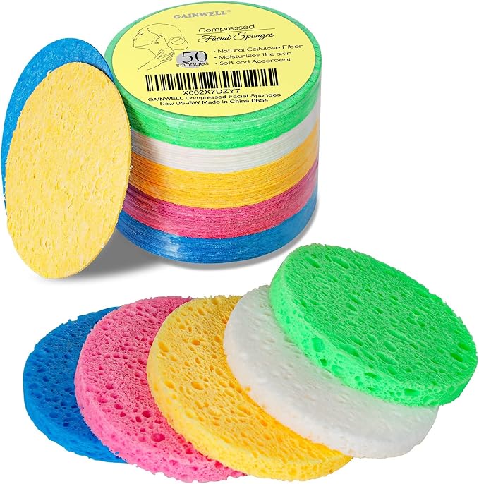 GAINWELL 50-Colored Natural Compressed Facial Sponges, for Facial Cleansing, Reusable & Eco-Friendly, 50 PCS