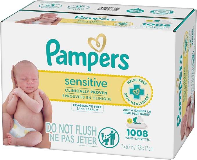 Pampers Sensitive Baby Wipes, Water Based, Clinically Proven, Hypoallergenic, and Unscented for Babies, 1008 Wipes Total (12 Flip-Top Packs) [Packaging May Vary]