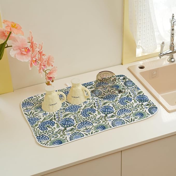 Boho Navy Blue Sage Green Dish Drying Mat 18x24 Inch Vintage Floral Drying Mat Chinoiserie Flower Spring Summer Absorbent Dish Drying Pad Dish Rack Drainer Mats for Kitchen Dining Counter