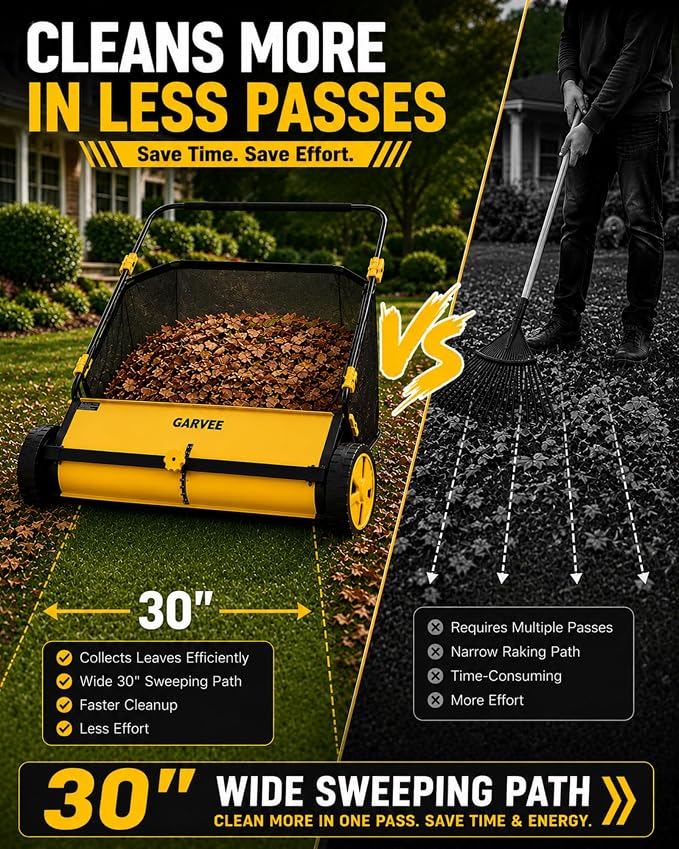 30 Inch Push Lawn Sweeper with Large 12 cu ft Mesh Collection Bag | Heavy Duty Steel Frame, 10" Rubber Wheels, 4 Spinning Brushes, Manual Height Adjustment for Leaves, Grass and Yard Debris