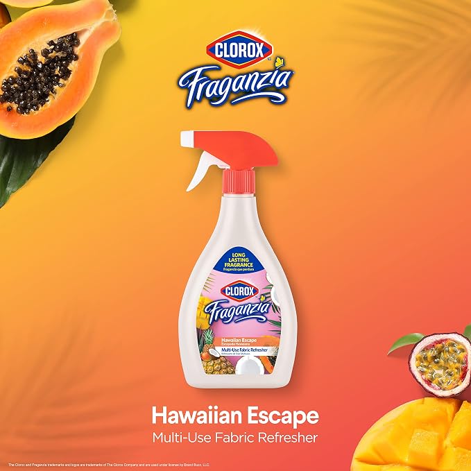 Clorox Fraganzia Refresher Spray, Hawaiian Escape Scent - Multi-Use Fabric and Linen Freshener, Odor Eliminator for Home, Couches, Curtains, and Upholstery, 22 Fl Oz