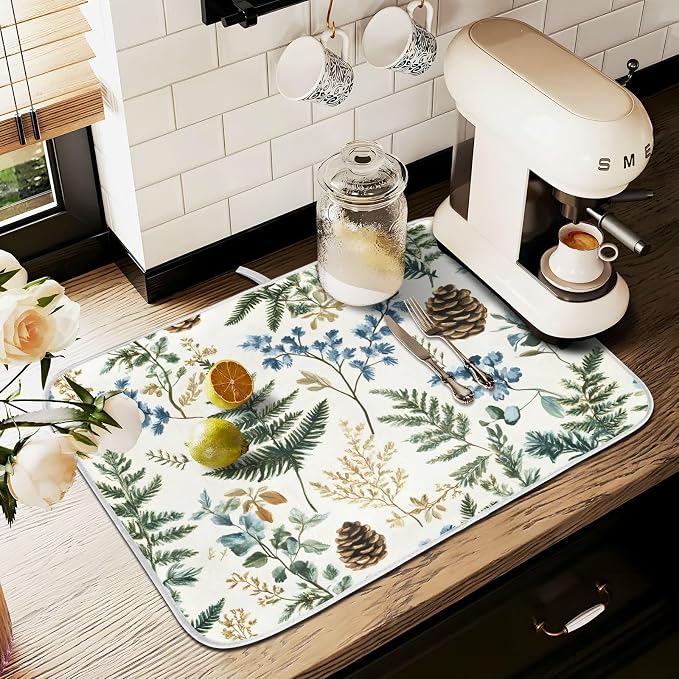 Vintage Herbs Fern Leaves Floral Plant02 Dish Drying Mat for Kitchen Counter Absorbent Microfiber Small Drying Pad Dish Mats for Kitchen Countertops 16 x 18 Inch