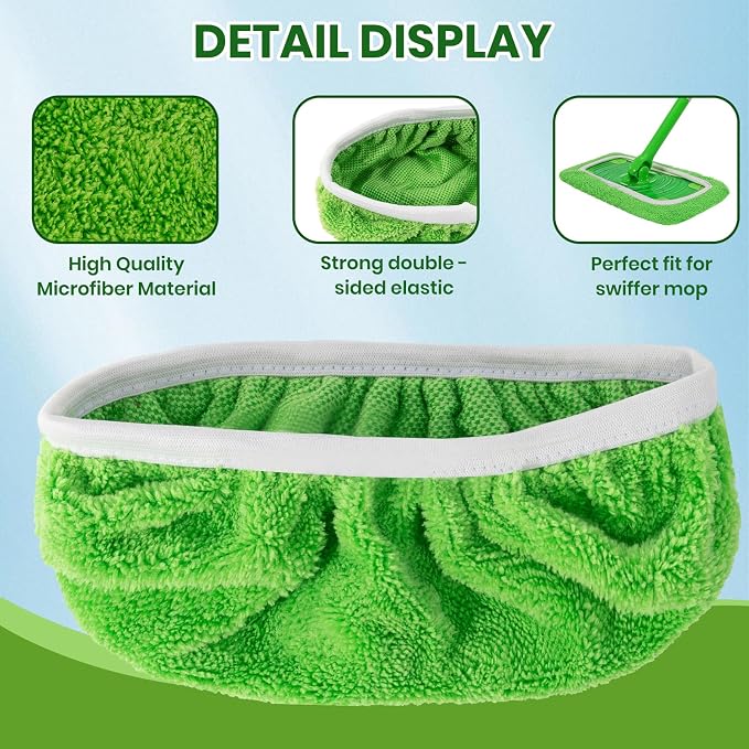 6 Pack Reusable Microfiber Mop Pads - Compatible with Sweeper, Reusable Mop Pads, Washable Dry Cloths & Wet Pads Refill for Hardwood Laminate Tile Floor Cleaning (6, Green, M)