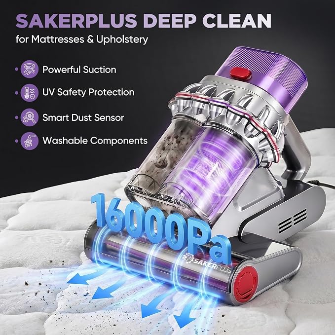 SakerPlus Mattress Vacuum Cleaner, Bed Vacuum with Smart Dust Sensor, Strong Suction, Dual Dust Cup and Washable Rolling Brush for Bed, Mattress, Sofa, Couch and Pet Hair