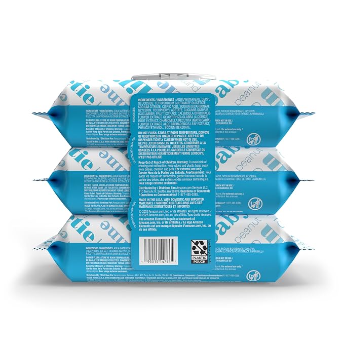 Amazon Elements Baby Wipes, Unscented, Hypoallergenic, Alcohol-Free, With Aloe and Vitamin E, 270 Count, Flip-Top Packs