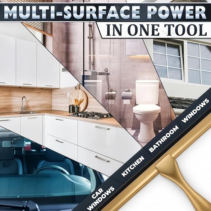 Gold Squeegee for Shower Glass, 12" Silicone Blade, Stainless Steel | Shower Door Squeegee with Hook, Adhesive Mount; All-Purpose Bathroom Tile, Mirror, & Window Wiper for Streak-Free Cleaning