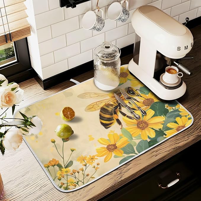 Honey Bee Dish Drying Mat for Kitchen Counter Absorbent Microfiber Large Drying Pad Yellow Flowers Leaves Dish Mats for Kitchen Countertops 18 x 24 Inch117