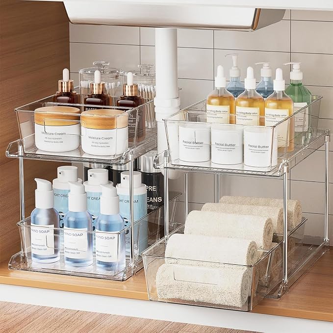 Fabspace Bathroom Under Sink Organizers and Storage, 2 Tier Vanity Countertop Pull-out Cabinet Organizer, Storage Container, Multi-Purpose Kitchen Pantry Organization with Dividers, 2 Packs