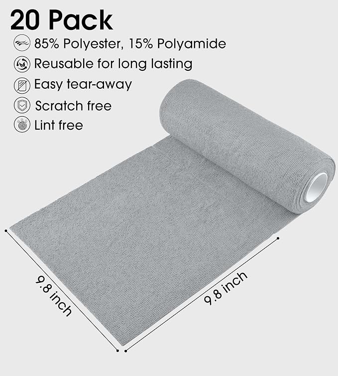 KitchLife Microfiber Cleaning Cloth Roll - Tear-Away Reusable Microfiber Paper Towels, Lint-Free, Washable, 20 Sheets for Kitchen, Car, Dishes, and Sensitive Surfaces (Grey)