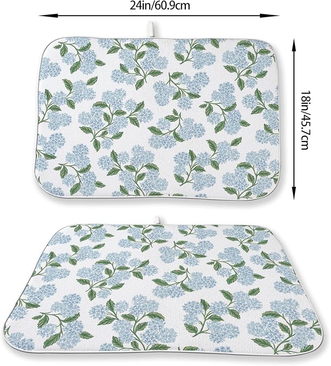 Blue Sage Green Hydrangea Dish Drying Mats 18x24 Inch Floral Mats Spring Holiday Kitchen Decor Absorbent Drying Dish Pad Rack Drainer Mats for Kitchen Dining Room