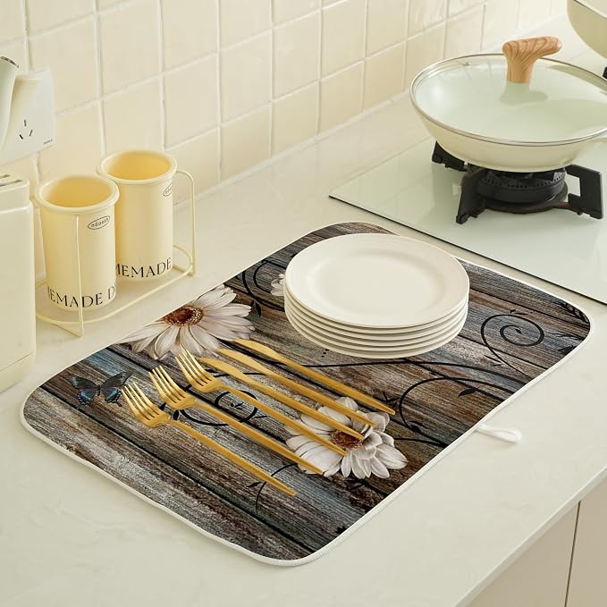 Brown Dish Drying Mat 18x24 Inches For Kitchen Counter Absorbent Daisy Floral Kitchen Decoration Spring Summer Flower Drying Mat Pad For Home Kitchen,Dining Room,Office Decoration
