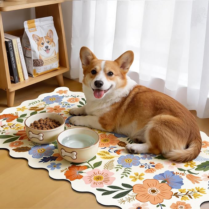 LOKHOM Scalloped Floral Dish Drying Mat, 17"x32" Super Absorbent Coffee Mat with Unique Spring Wildflowers, Cuttable Hide Stain Non-slip Drying Mat for Kitchen Counter Coffee Maker Espresso Machine