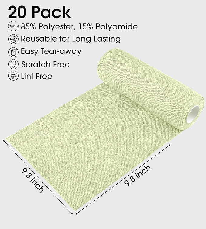 KitchLife Microfiber Cleaning Cloth Roll - Tear-Away Reusable Microfiber Paper Towels, Lint-Free, Washable, 20 Sheets for Kitchen, Car, Dishes, and Sensitive Surfaces (Light Green)
