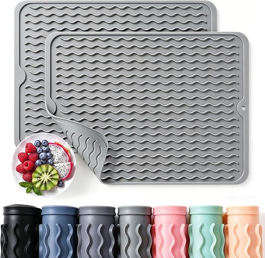 2 Pack Caketime Silicone Dish Drying Mat for Kitchen Counter Heat Resistant Quick Dry Pads Hot Dishes Waterproof with Under Sink Rack Soap Holder Coffee Accessories 15"x11.5" Light Gray