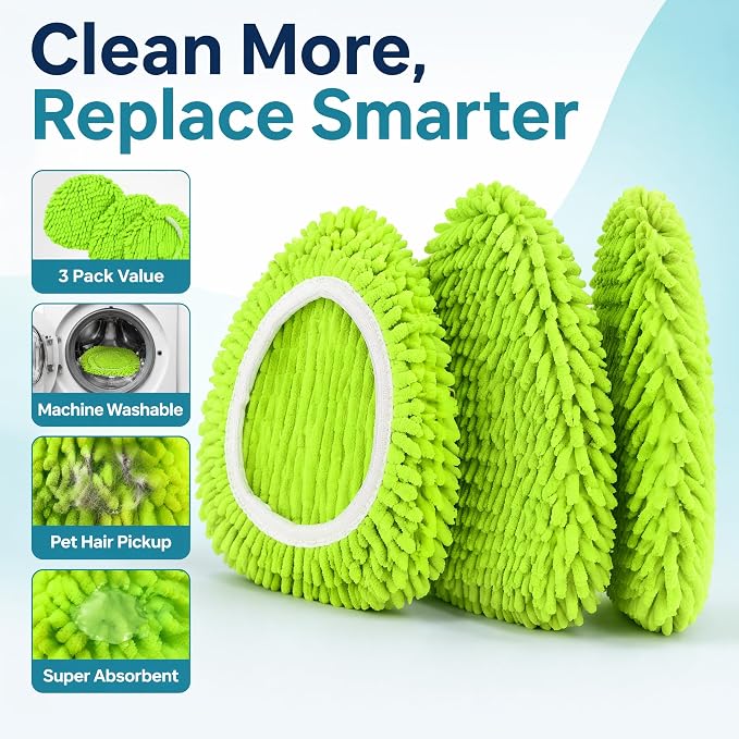 3 Pack Chenille Microfiber Mop Head Covers Compatible with O-Cedar Triangle Mops, Reusable Washable Mop Pad Refills, Replacement for Hardwood, Tile, Laminate & Vinyl Floors