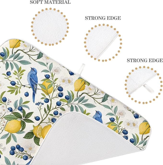 chinoiserie Navy Blue Green Bird Flower Dish Drying Mats 18x24 Inch Vintage Botanical Yellow Lemon Floral Decorative Kitchen Decor Drying Pad Rack Drainer Mats for Kitchen Dining Room Counter