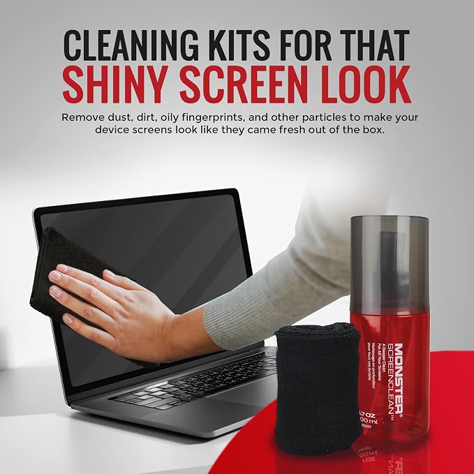 Monster Screen Cleaner Kit with Microfiber Cloth, 60 mL Screen Cleaner Spray for TVs, Monitors, Laptops, Tablets, Smartphones, Eyeglasses, LCD LED OLED Display Cleaner