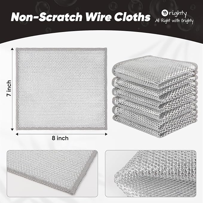 Orighty Multipurpose Wire Dishwashing Rag, 48 Pcs Non-Scratch Wire Dish Cloths for Wet and Dry, Reusable Steel Scrubber Dish Rags for Kitchen, Cookware, Stove Cleaning, 7"x8", Silver