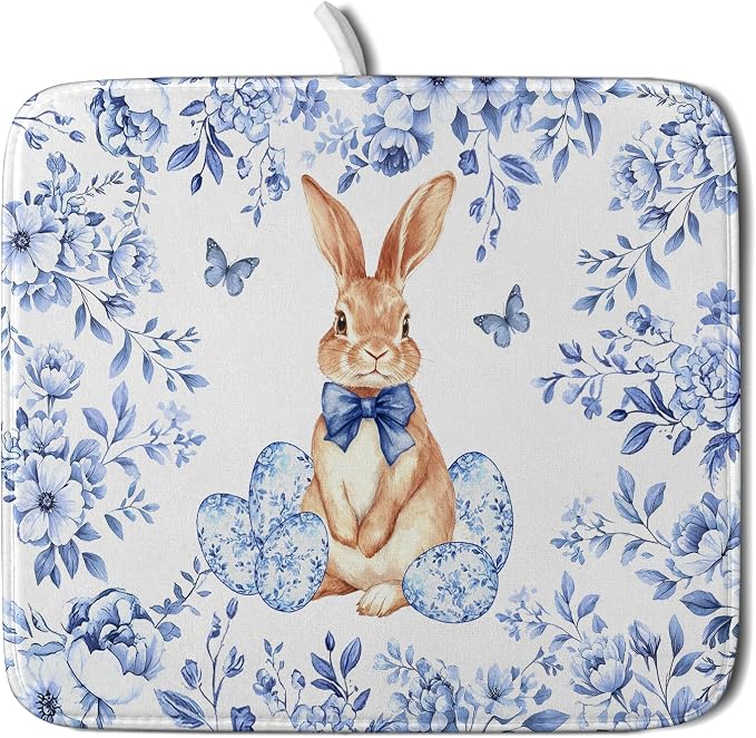 Vintage Microfiber Dish Drying Mat Blue Easter Floral Kitchen Drying Mats for Dishes 18 X 16