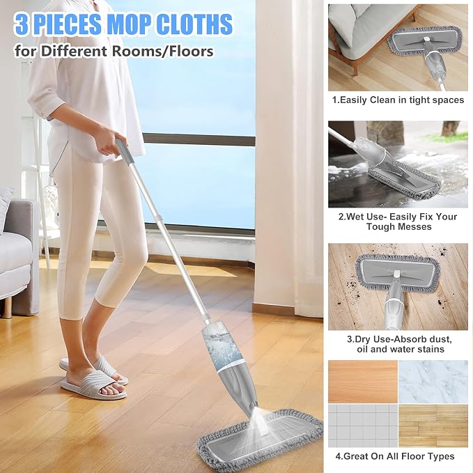 Microfiber Spray Mops Refillable for Floors Cleaning: Wet Mop Floor Mop | Flat Dust Mop Multi-purpose, 3 Washable Reusable Pads for Swiffer Powermop, for Hardwood Laminate Ceramic Tiles Vinyl Wood