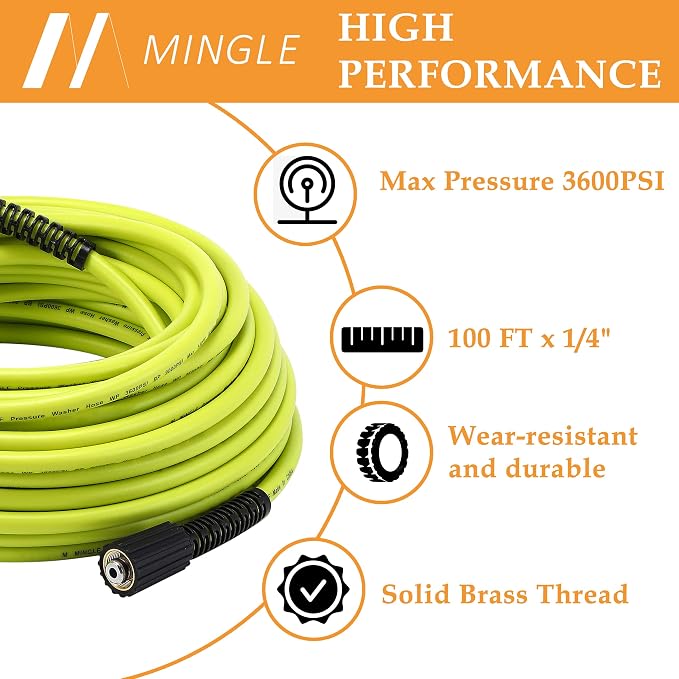 M MINGLE Pressure Washer Hose 100 FT x 1/4", M22 14mm Fittings, 3600 PSI | Replacement Power Wash Hose with 3/8" Quick Connect Kits, Kink Resistant, Ideal for Car, Driveway, Siding & Patio Cleaning