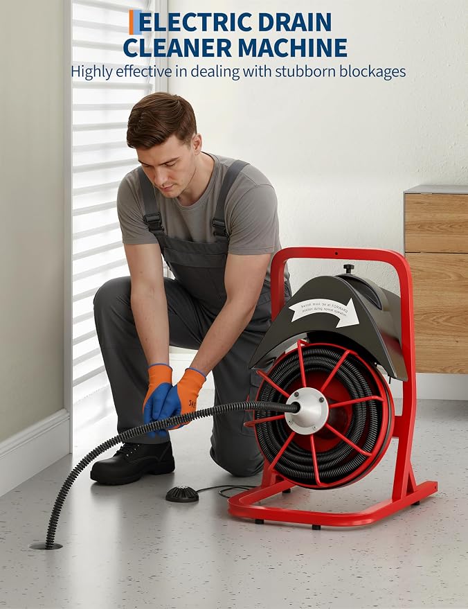 Garvee Drain Cleaner Machine 75FT x 1/2 Inch Steel Core Cable Portable 370W Electric Drain Cleaning Machine With Sewer Auger, Cutter, Air-activated Foot Switch, for Commercial, Home | Durable steel cable , 370W motor, auto-feed, foot switch, portable w...