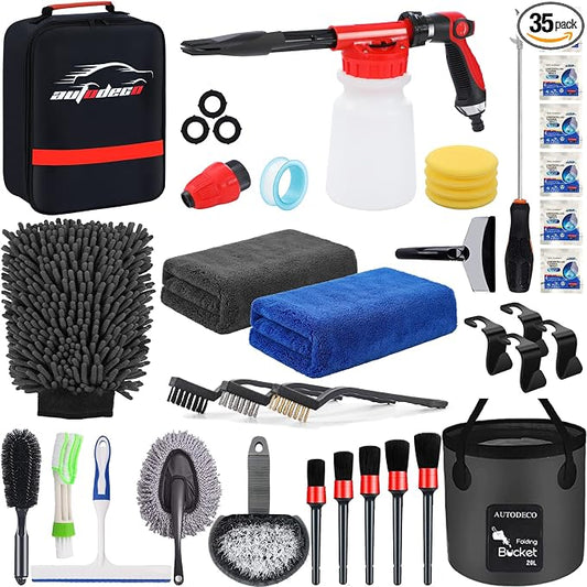 35Pcs Car Wash Detailing Kit Cleaning Kits with Foam Gun Sprayer Collapsible Bucket Brush Large Wash Mitt Towels Complete Interior Exterior Car Washing Supply Set Black