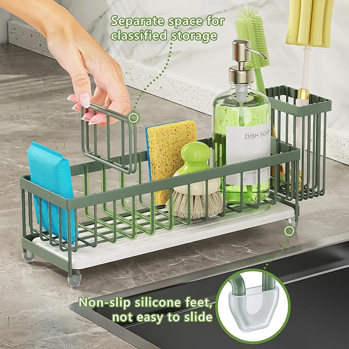 Cisily Extra Large Sink Caddy Organizer with Drying Stone, Sage Green Sponge Holder for Kitchen, Dish Brush Holder for Countertop, Kitchen Decor Storage and Essentials