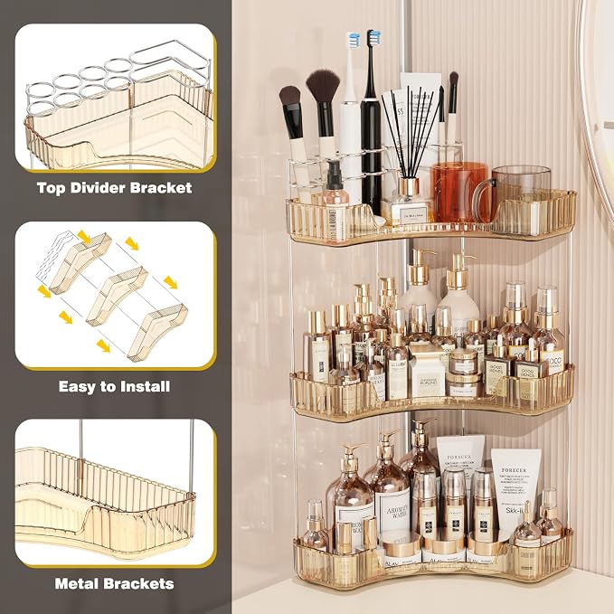 Asayuee 3-Tier Corner Bathroom Counter Organizer with Top Toothbrush Holders,Large Makeup Organizer Countertop with Brush Holder,Skincare Organizers Corner,Exquisite Vanity Organizer (Gold, 3 Tier)