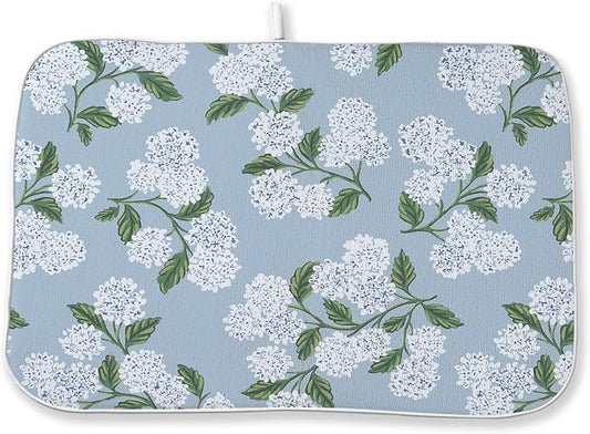 Light Blue Dish Drying Mat 18x24 Inch Vintage Blue Green Floral Hydrangea Flower Drying Mat Spring Summer Absorbent Dish Drying Pad Dish Rack Drainer Mats for Kitchen Dining Counter