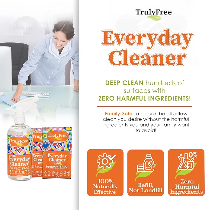 Truly Free Everyday Cleaner Kit - Multipurpose Cleaner Spray, Kitchen Counter Cleaner, Natural Cleaning Products, Multi-Surface Household Solution, 16 oz Reusable Empty Bottle + Two Fills, 3 oz ea.