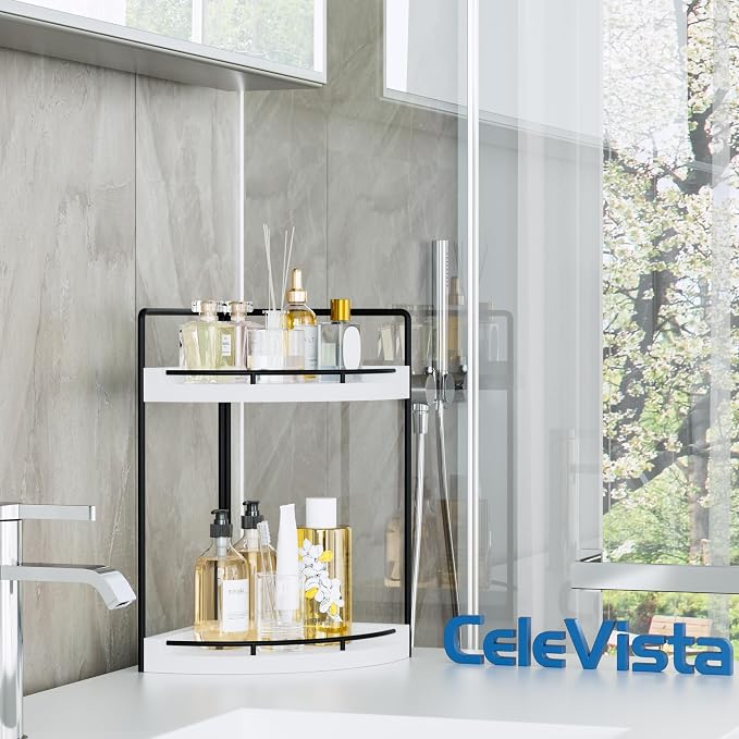 Corner Bathroom Counter Organizer, 2 Tier Wood Vanity Storage, Waterproof Skincare Shelf for Kitchen & Toiletries Decor, Dresser (White-2 Tier)