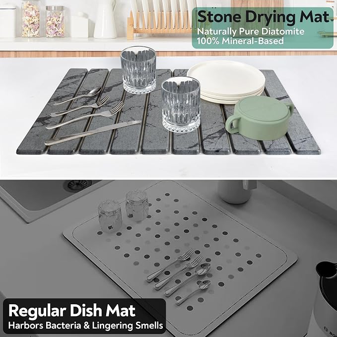 Stone Drying Mat for Kitchen Counter, Quick Diatomaceous Earth Mats for Dishes, Super Absorbent Fast Drying Collapsible Countertop Stone Mat , for Dishes Bottles Cups Bathroom ,24"(L)×16 (W)
