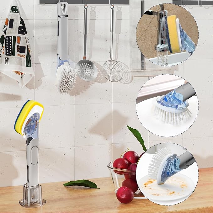 RIMAY Dish Brush Set with Soap Dispenser, 2 Refills and Storage Holder | Soap Dispensing Dish Brush dish scrubber with handle for Cleaning Dishes, Pans, Sink, Pots, Grey