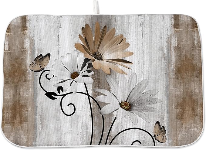 Floral Dish Drying Mat 18x24 Inches For Kitchen Counter Brown Daisy Flower Kitchen Decoration Drying Mat Modern Decorative Drying Pad For Home Kitchen Decor,Dining Room,Office Decor
