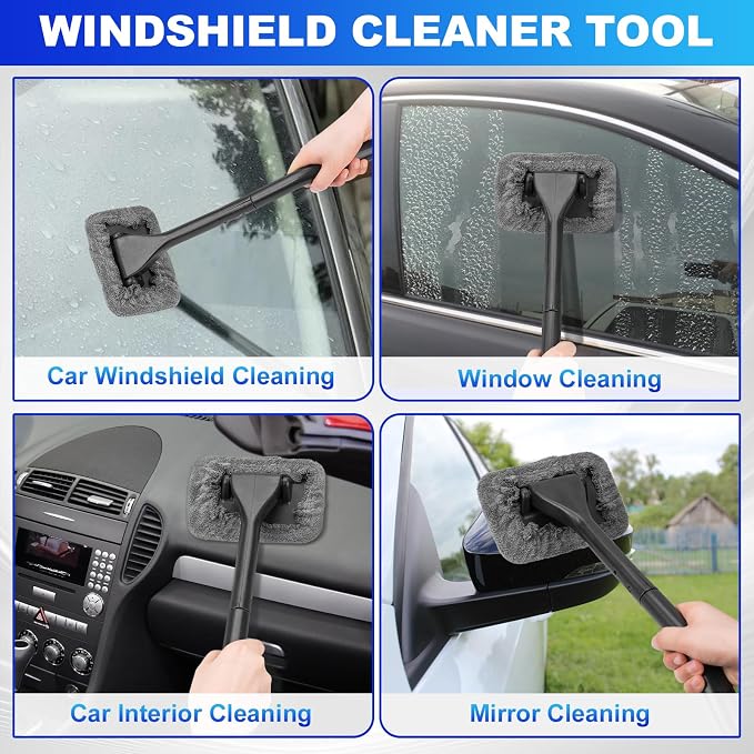 THINKWORK Windshield Cleaner Tool, Detailing Kit Interior with Brush Set | 180 Degree Rotating Head, Replaceable Microfiber Pads, Streak Free, Storage Bag, Gray Car Cleaning Accessories, Gift, 20Pcs