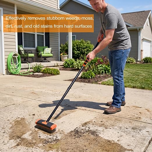 3 in 1 Scrub Brush with Long Handle – Your All-Purpose Deck Brush, Weeding Tool & Concrete Scrubber Tackle Patio Weeds, Floor Stains, Moss, and Rust with one Versatile Set. (Orange)