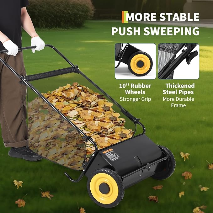 Garvee 21 Inch Push Lawn Sweeper, Leaf & Grass Collector, Strong Rubber Wheels & Heavy Duty Thickened Steel Durable to Use with Large 3.5 Cu. ft Hopper Bag, 4 Spinning Brushes