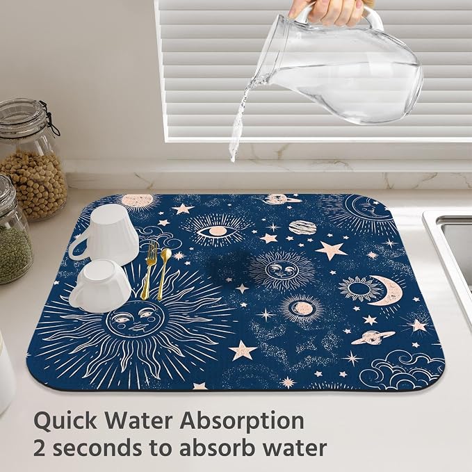 Dish Drying Mat for Kitchen Counter 16x18 Inch, Super Absorbent Dish Drainer Mat, Decorative Microfiber Dishes Drying Pad-Small(Navy Blue Moon)