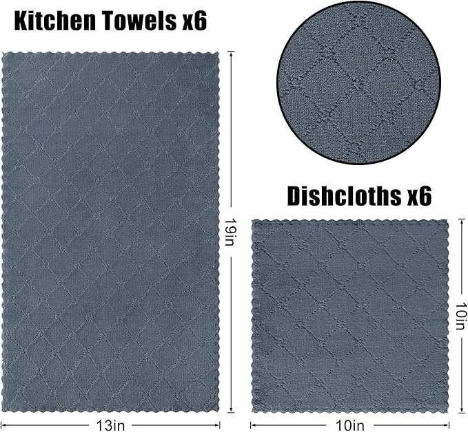 Homaxy Kitchen Towels and Dishcloths Set, 10 x 10 and 13 x 19 Inches, Set of 12 Super Soft and Absorbent Coral Velvet Kitchen Towels, No Lint and Nonstick Oil Fast Drying Dish Towel, Dark Grey