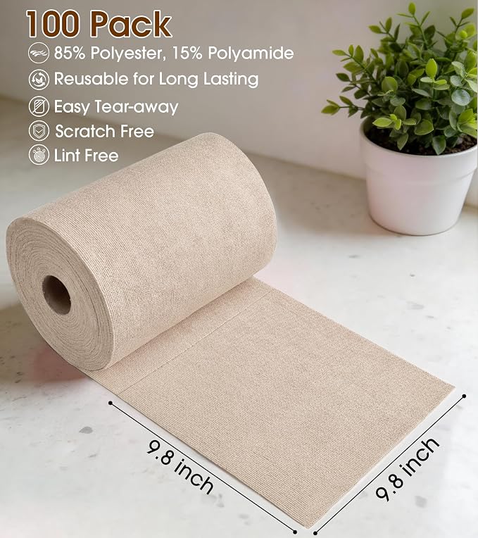 KitchLife Microfiber Cleaning Cloth Roll, 100 Pack - Tear-Away Microfiber Paper Towels, Lint-Free, Reusable, Washable for Kitchen, Car, Dishes, and Sensitive Surfaces (Sand Beige)